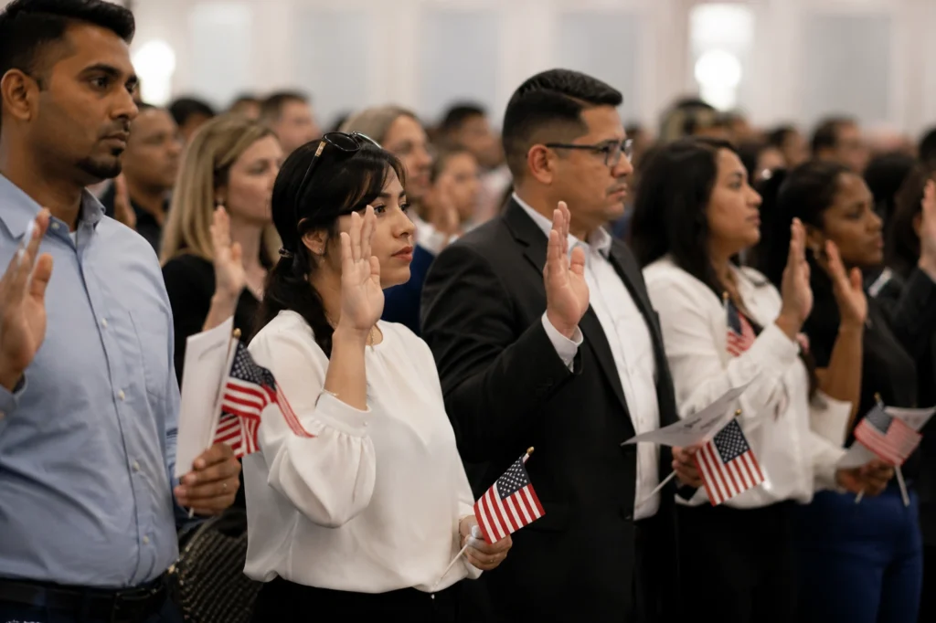 A diverse group of people raises their right hands during a U.S. citizenship oath ceremony while holding small American flags inside a government event hall.