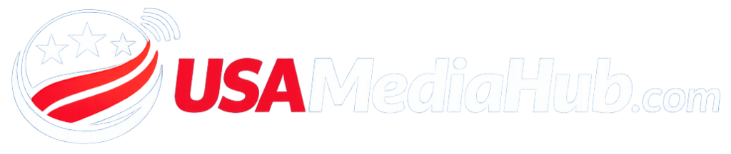 USAMediaHub logo featuring a patriotic red, white, and blue globe icon with the USA MediaHub name