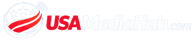USAMediaHub logo featuring a patriotic red, white, and blue globe icon with the USA MediaHub name